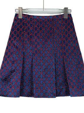 X31142 Gucci Blue-Purple Logo Jacquard Allover Print Casual Pleated Skirt (Mini)